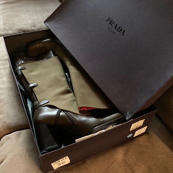 Prada Boots /Genuine Leather/ Khaki Green /Size 11 B width and 3.5 Inch Heal - Picture 10 of 11